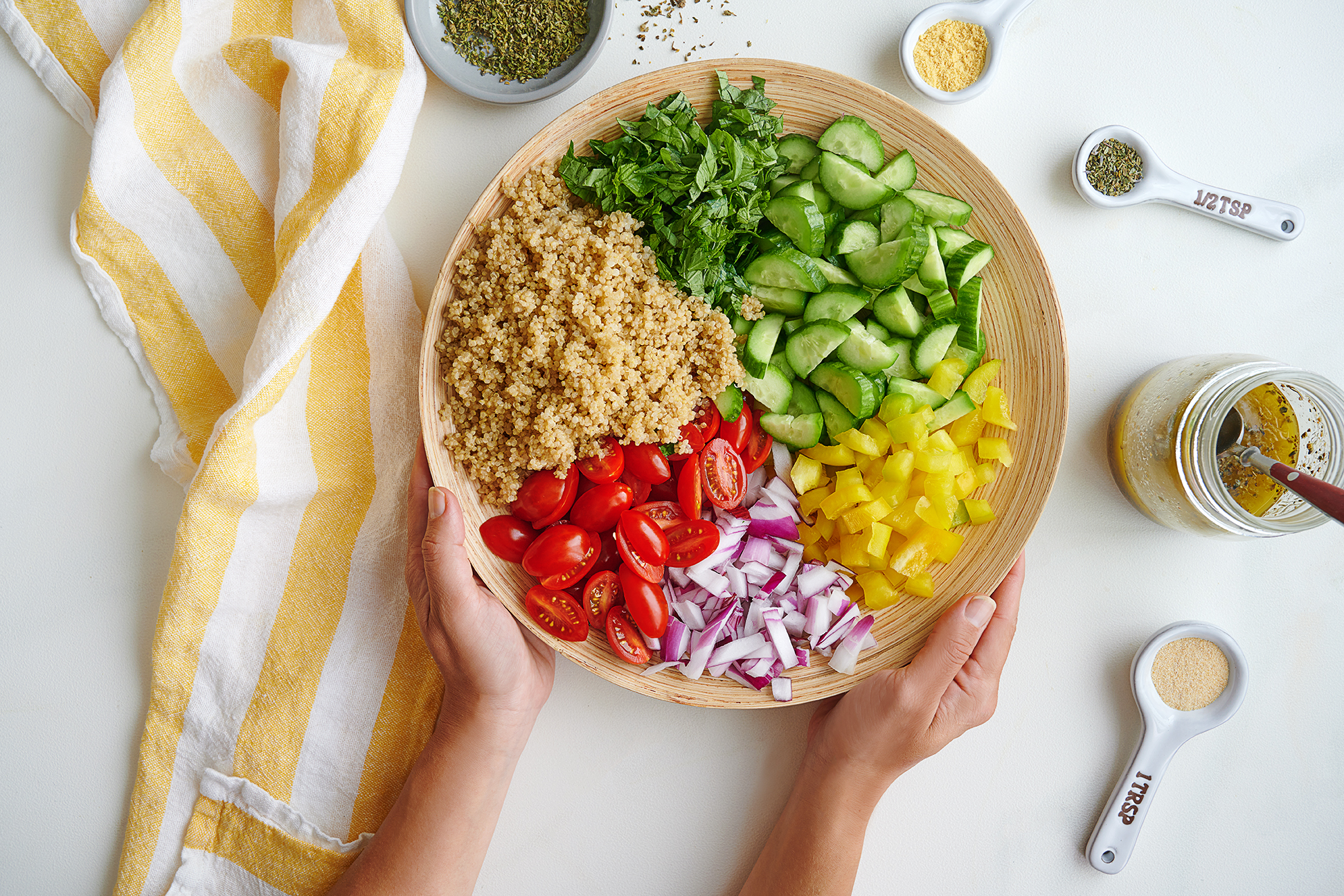 overhead image of ingredients for quinoa salad