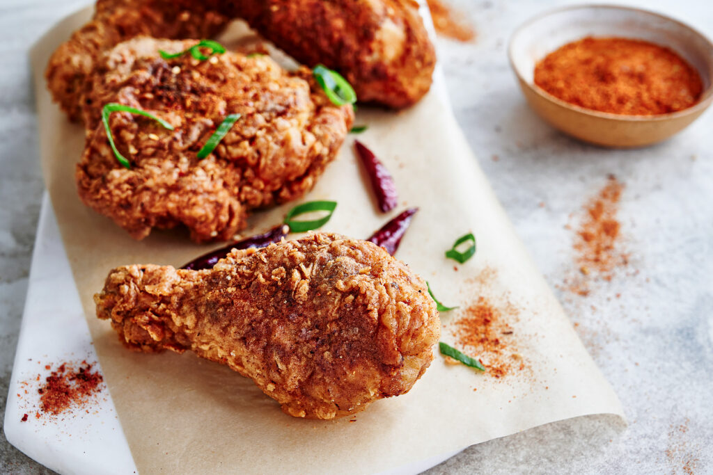 Mala fried chicken served with PSC Mala Seasoning