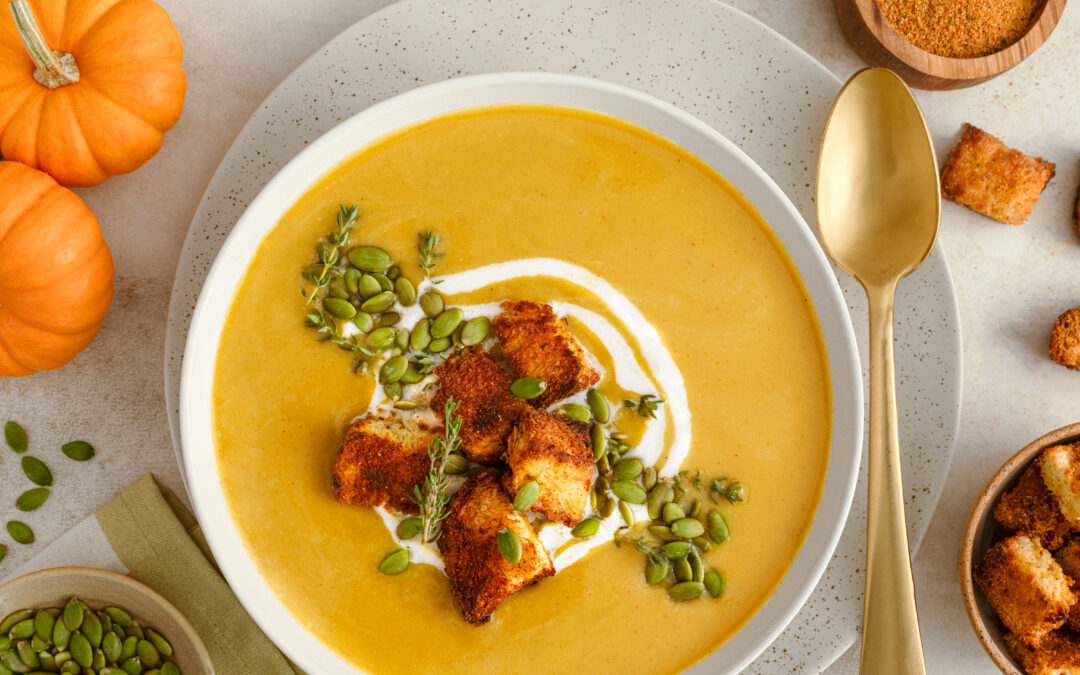 Pumpkin Fusion Soup with Challah Fusion Croutons